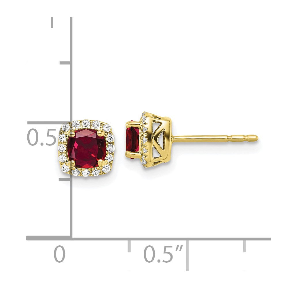 10K Lab Grown VS/SI FGH Dia and Created Ruby Halo Post Earrings