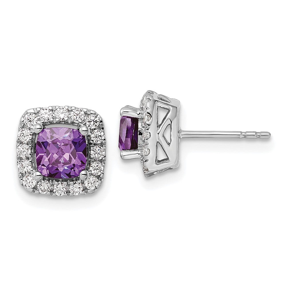 14K White Gold Lab Grown VS/SI FGH Dia and Amethyst Halo Post Earrings