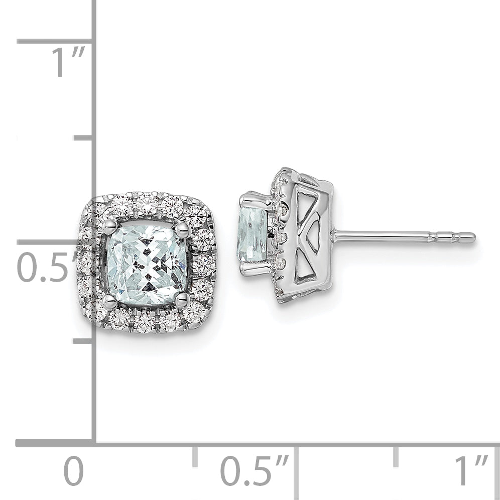 14K White Gold Lab Grown VS/SI FGH Dia and Aquamarine Halo Post Earrings