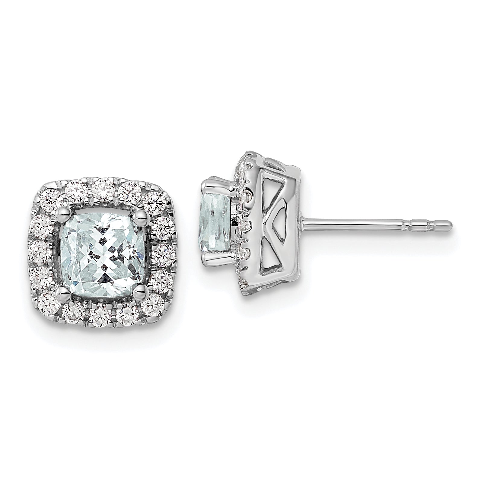 14K White Gold Lab Grown VS/SI FGH Dia and Aquamarine Halo Post Earrings