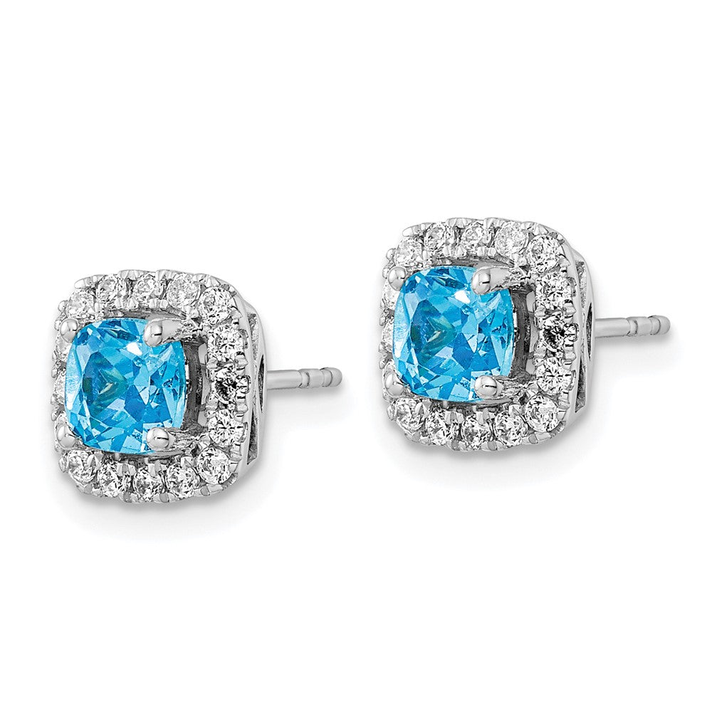 14K White Gold Lab Grown VS/SI FGH Dia and Blue Topaz Halo Post Earrings