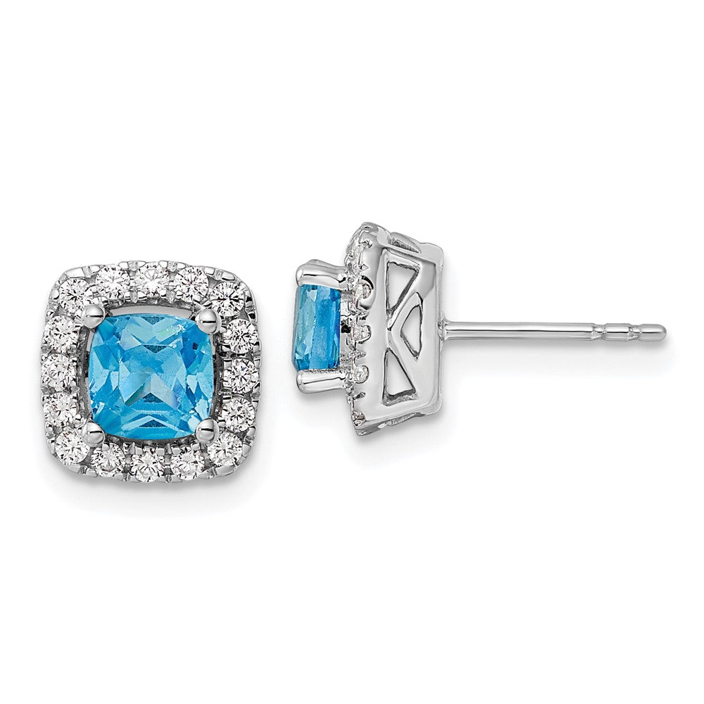 14K White Gold Lab Grown VS/SI FGH Dia and Blue Topaz Halo Post Earrings