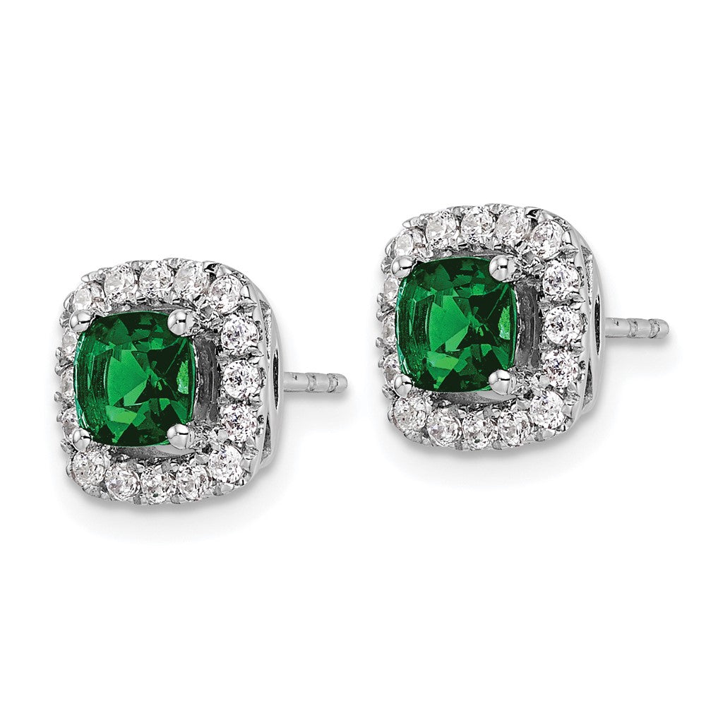 14K White Gold Lab Grown VS/SI FGH Dia and Created Emerald Halo Post Earrin