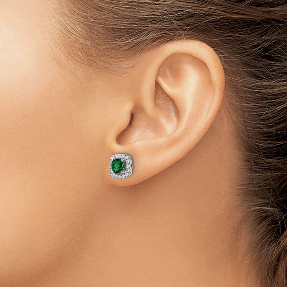 14K White Gold Lab Grown VS/SI FGH Dia and Created Emerald Halo Post Earrin