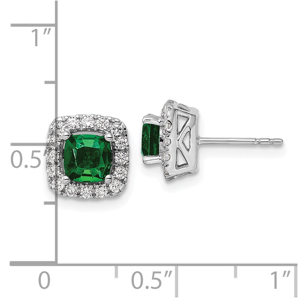 14K White Gold Lab Grown VS/SI FGH Dia and Created Emerald Halo Post Earrin