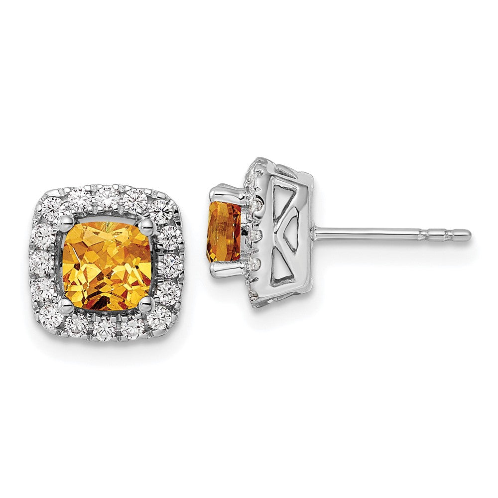 14K White Gold Lab Grown VS/SI FGH Dia and Citrine Halo Post Earrings