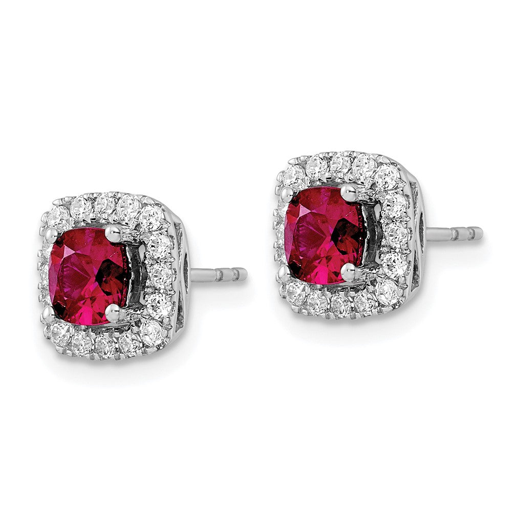 14K White Gold Lab Grown VS/SI FGH Dia and Created Ruby Halo Post Earrings