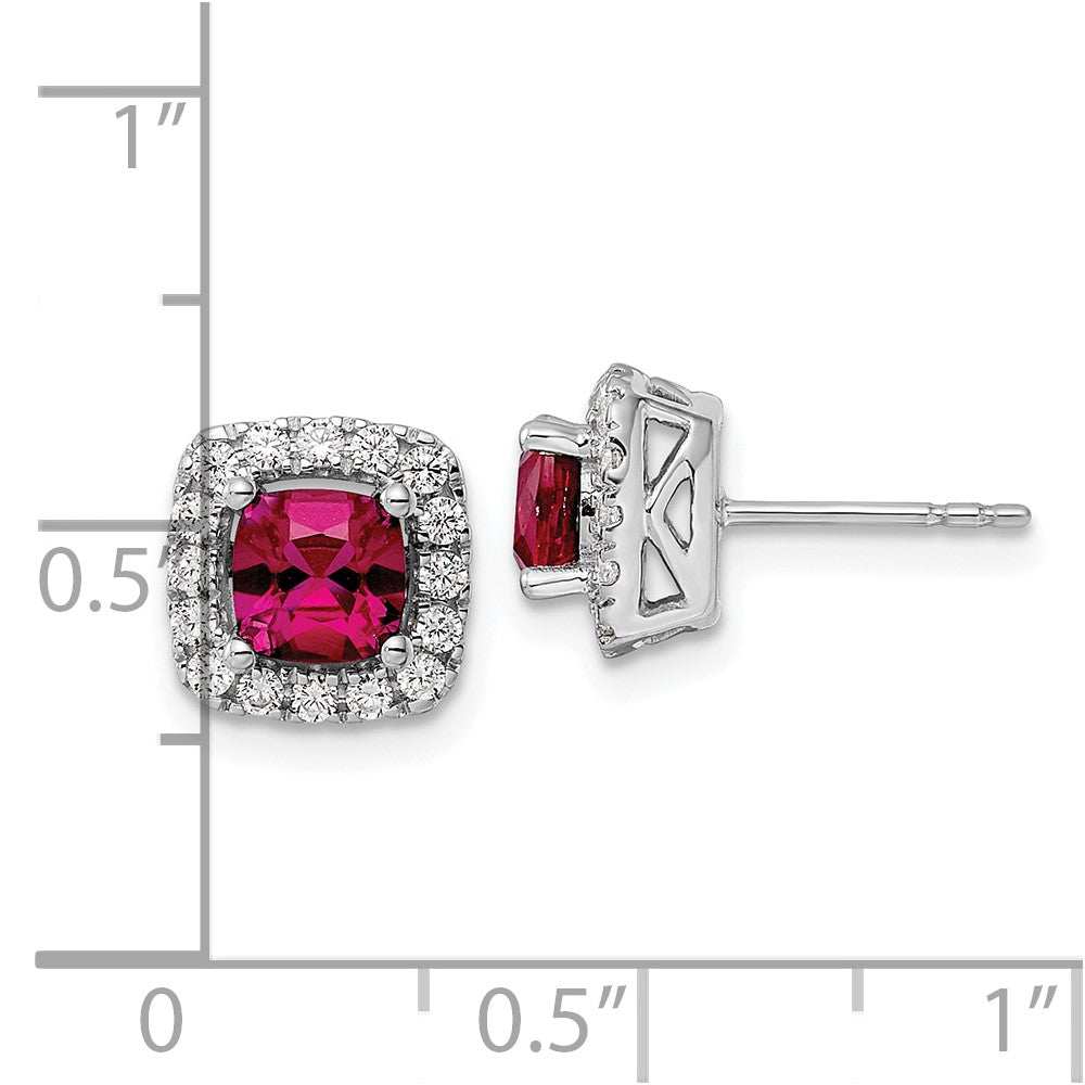 14K White Gold Lab Grown VS/SI FGH Dia and Created Ruby Halo Post Earrings