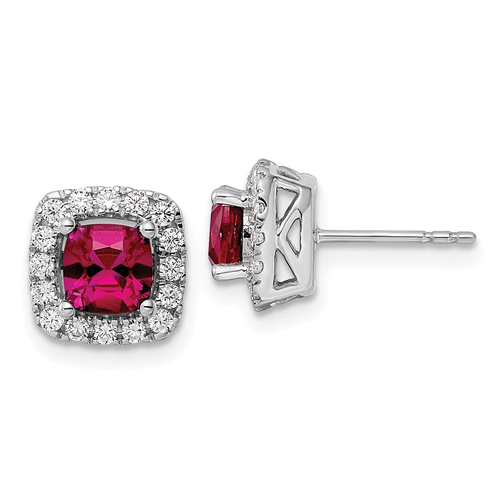 14K White Gold Lab Grown VS/SI FGH Dia and Created Ruby Halo Post Earrings