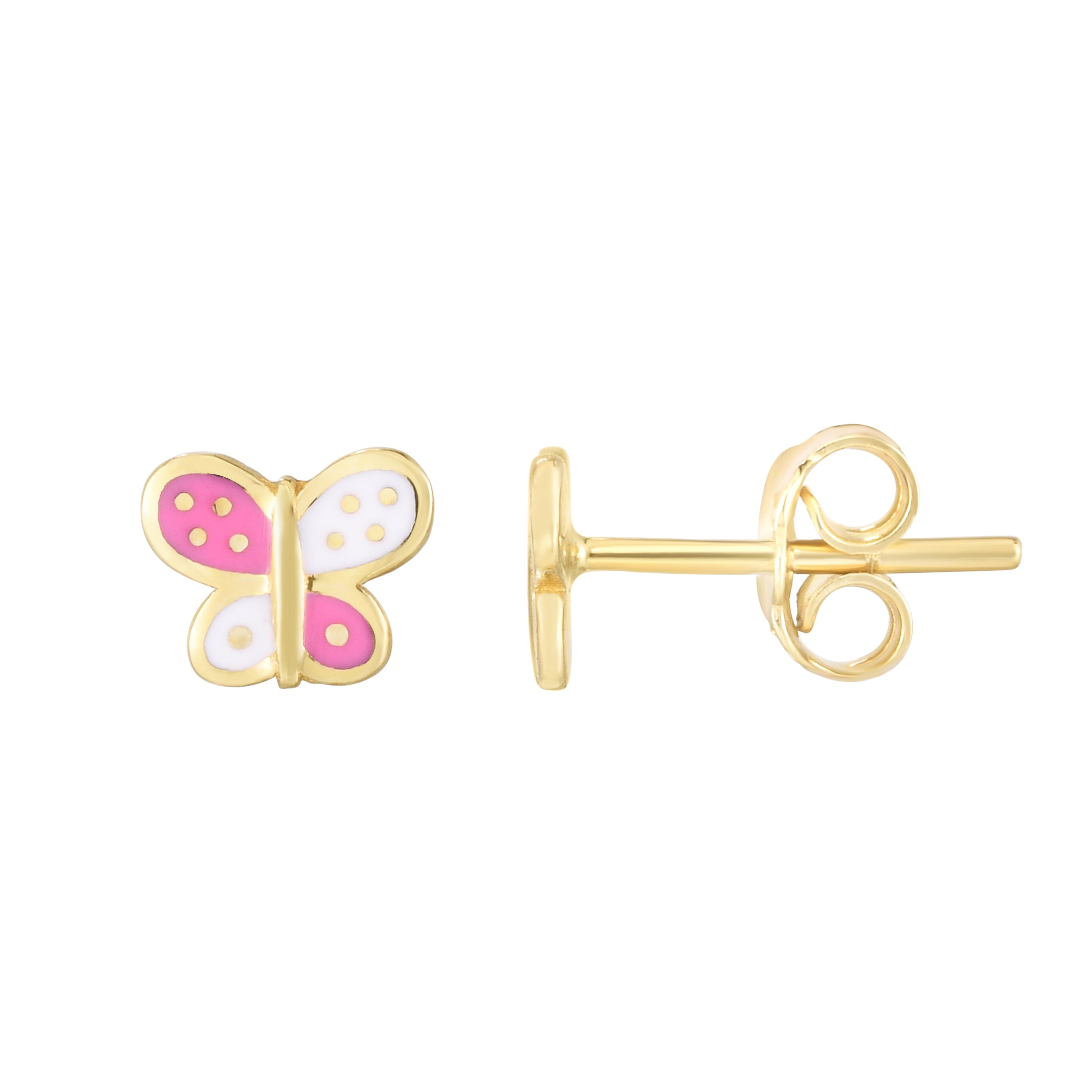 14K Yellow Gold Pink & White Polka Dot Enamel Studs