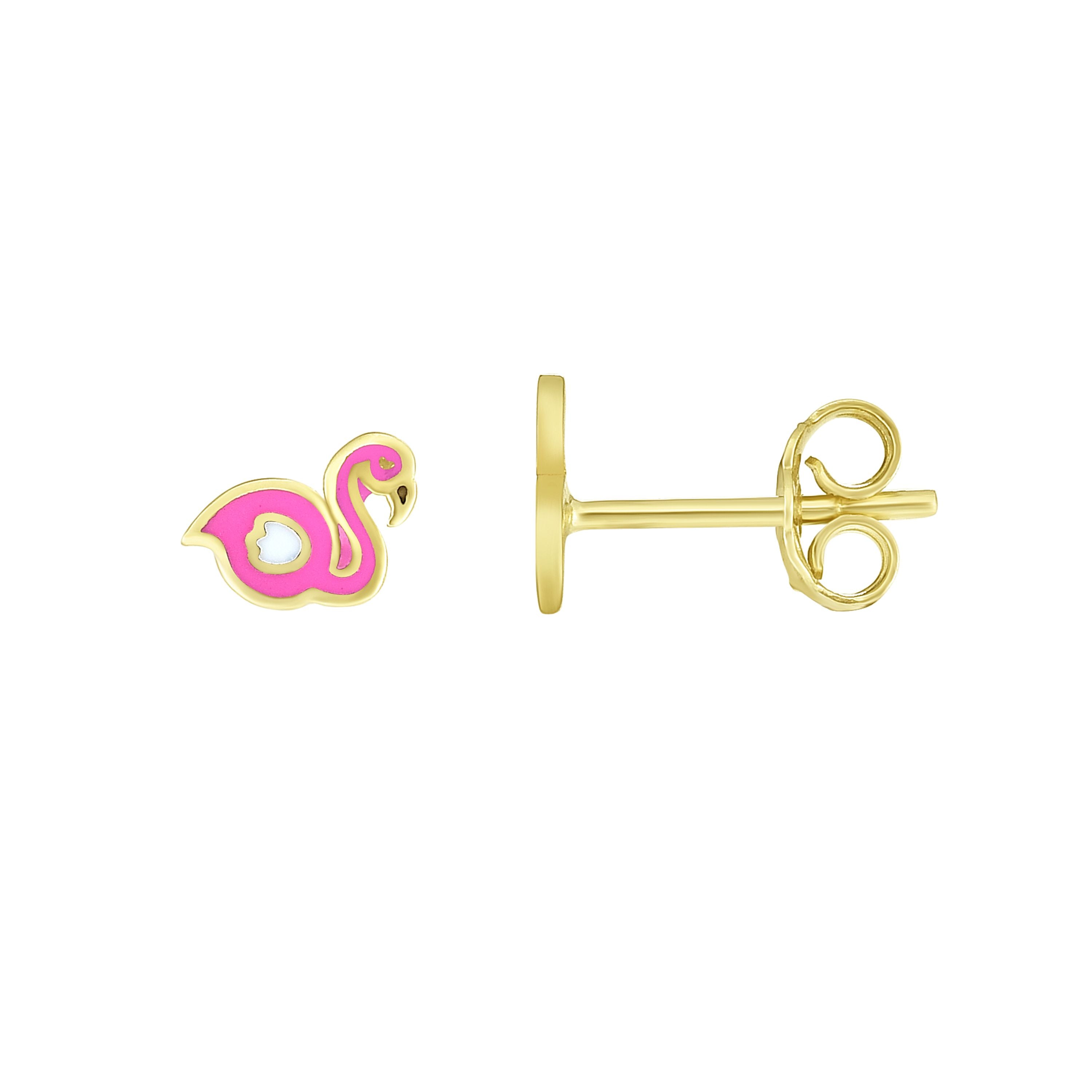 14K Yellow Gold Enamel Flamingo Stud Earring