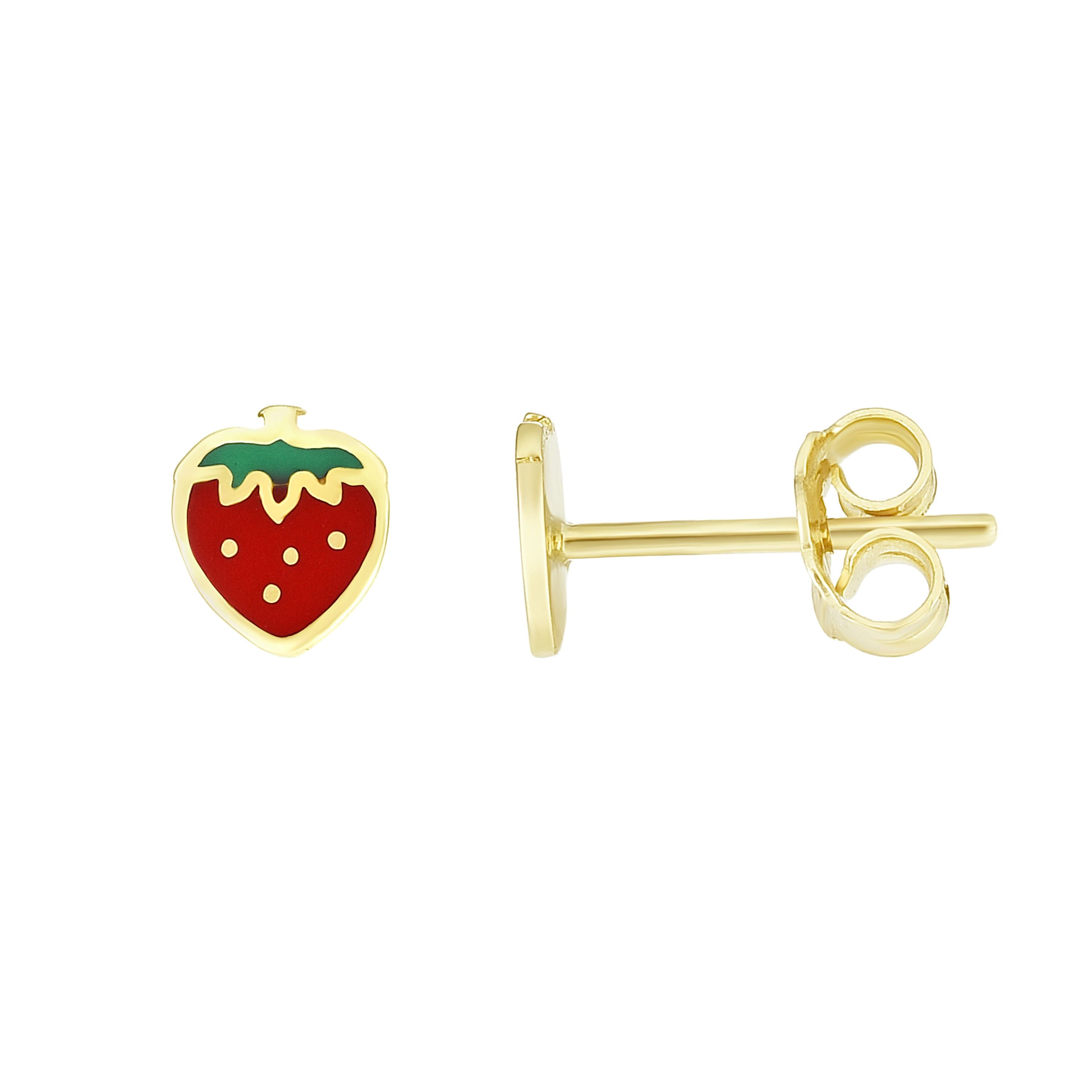 14K Yellow Gold Enamel Strawberry Stud Earring