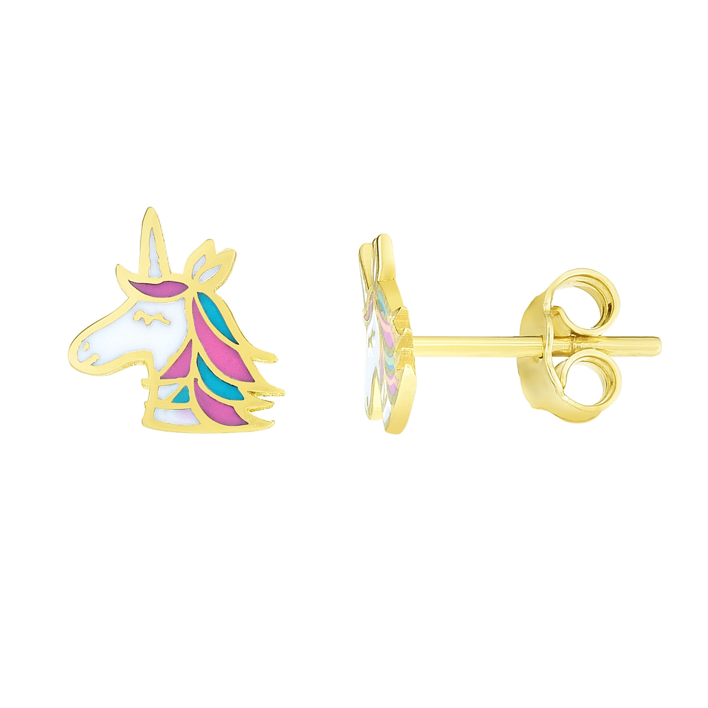 14K Yellow Gold Enamel Unicorn Stud Earring