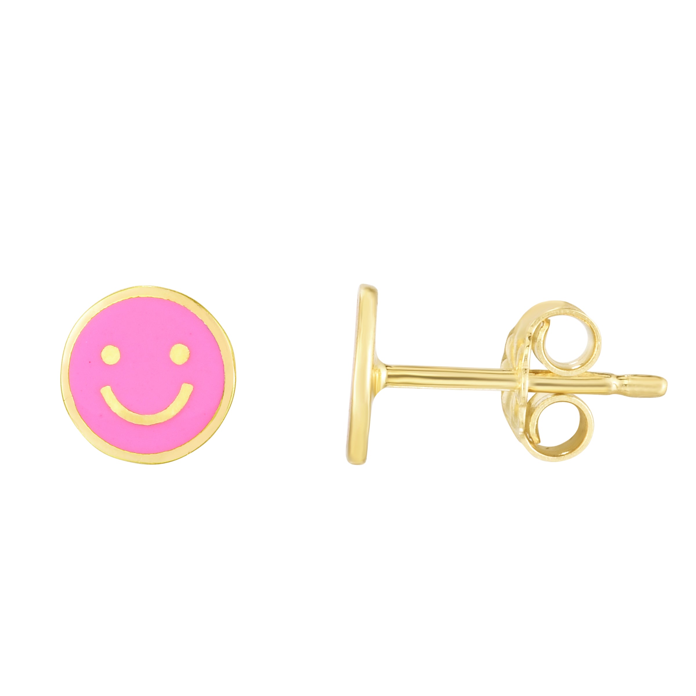 14K Yellow Gold Pink Smiley Face Enamel Studs