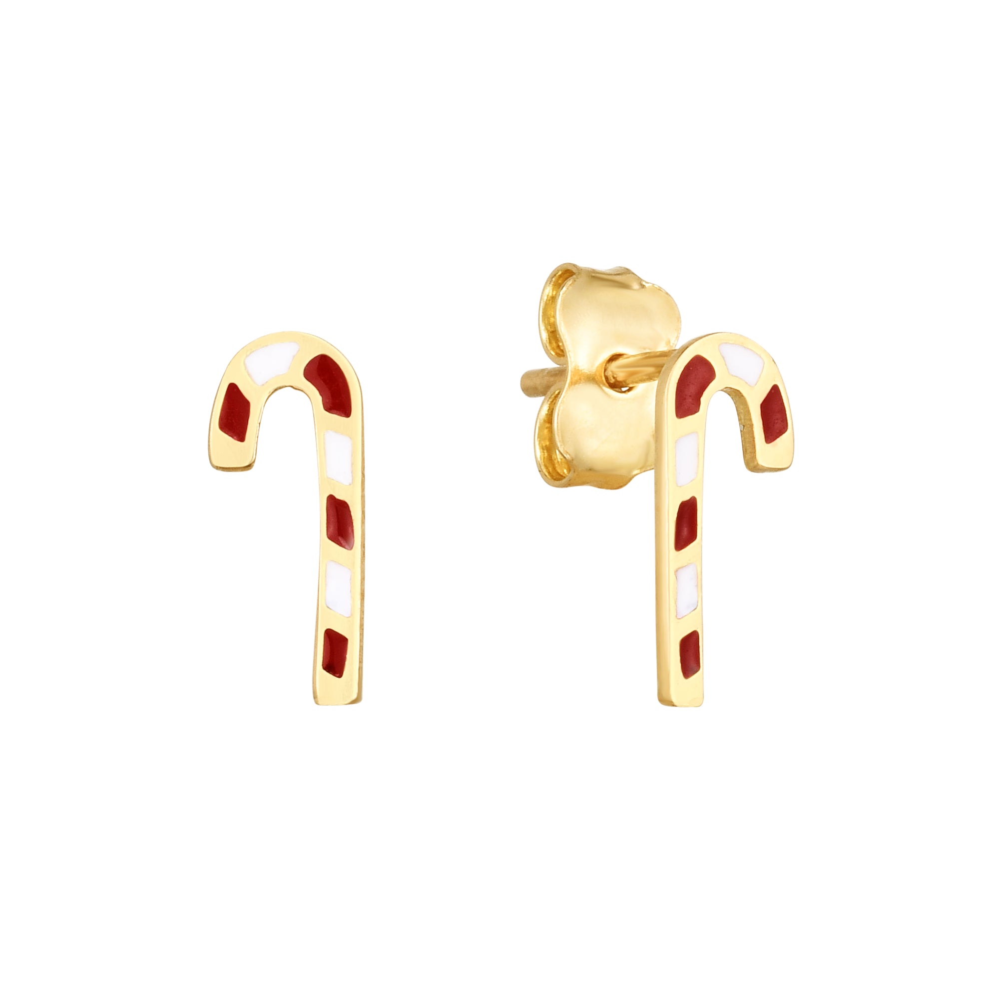 14K Yellow Gold Enamel Candy Cane Stud Earring