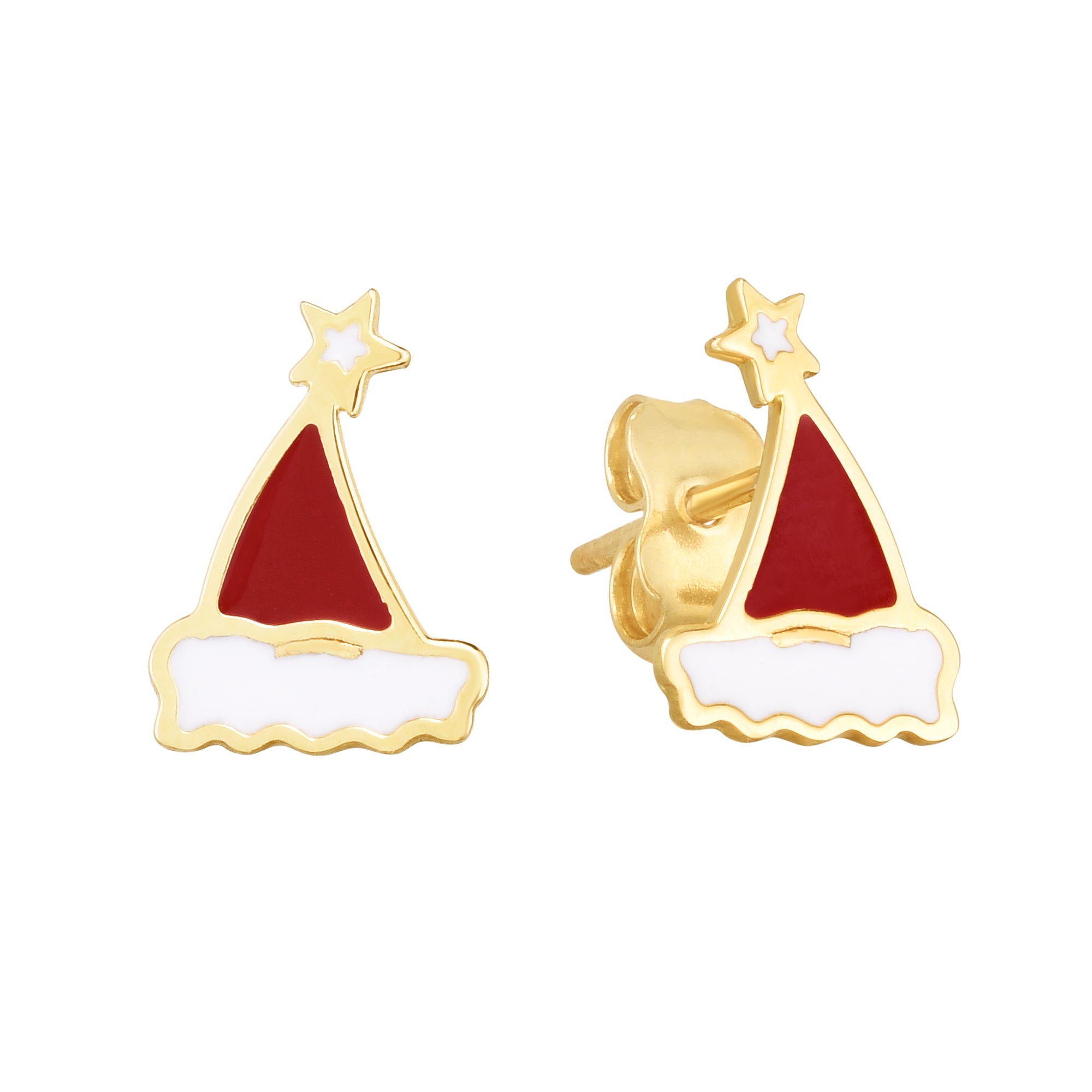 14K Yellow Gold Enamel Santa Hat Stud Earring