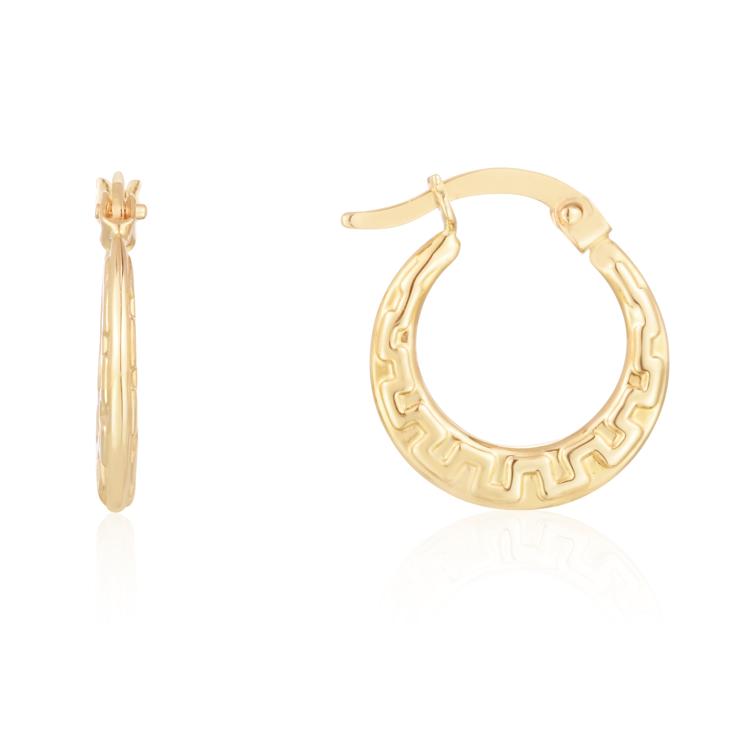 14k Yellow Gold Polished Greek Key Hoop Earrings with Hinged Clasp