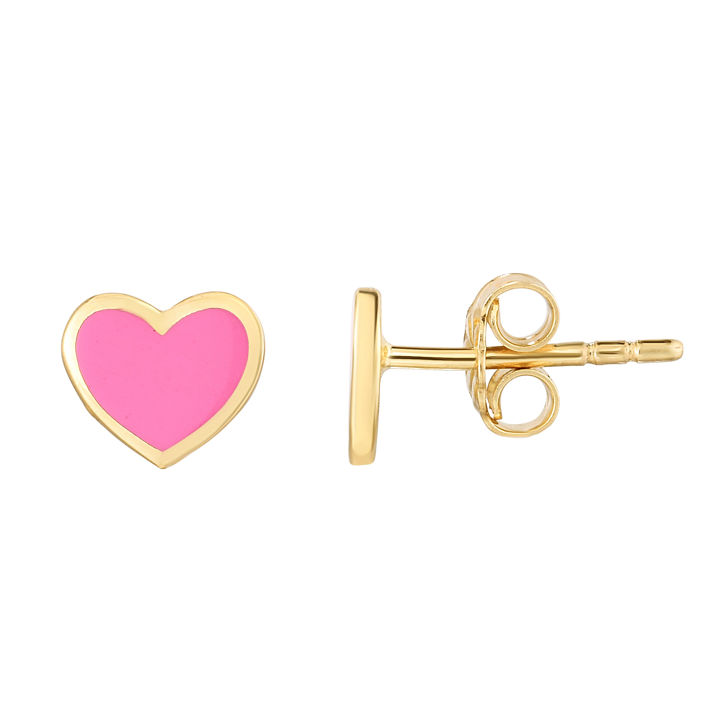 14K Yellow Gold Pink Enamel Heart Studs