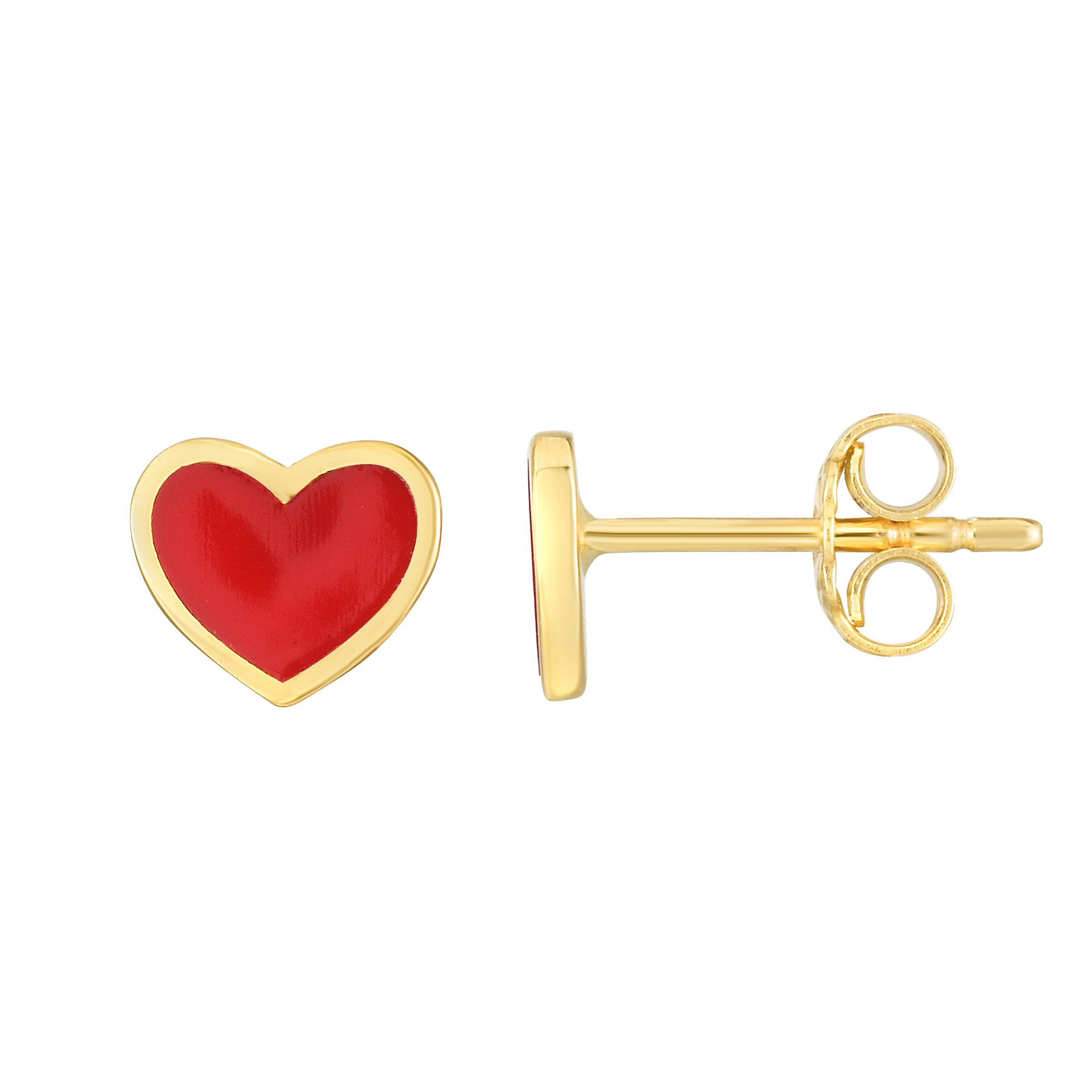 14K Yellow Gold Red Enamel Heart Studs