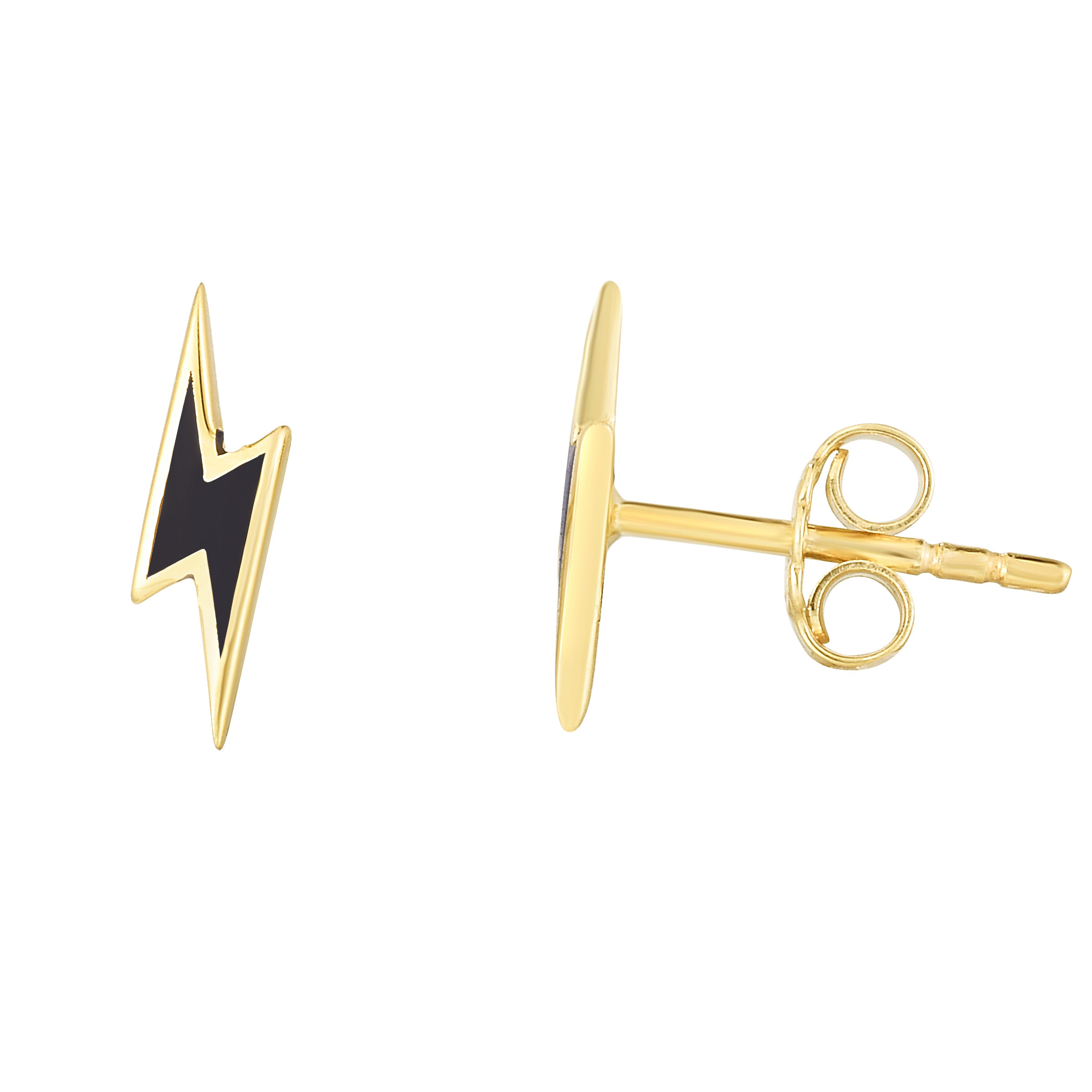 14K Yellow Gold Black Enamel Lightning Bolt Studs