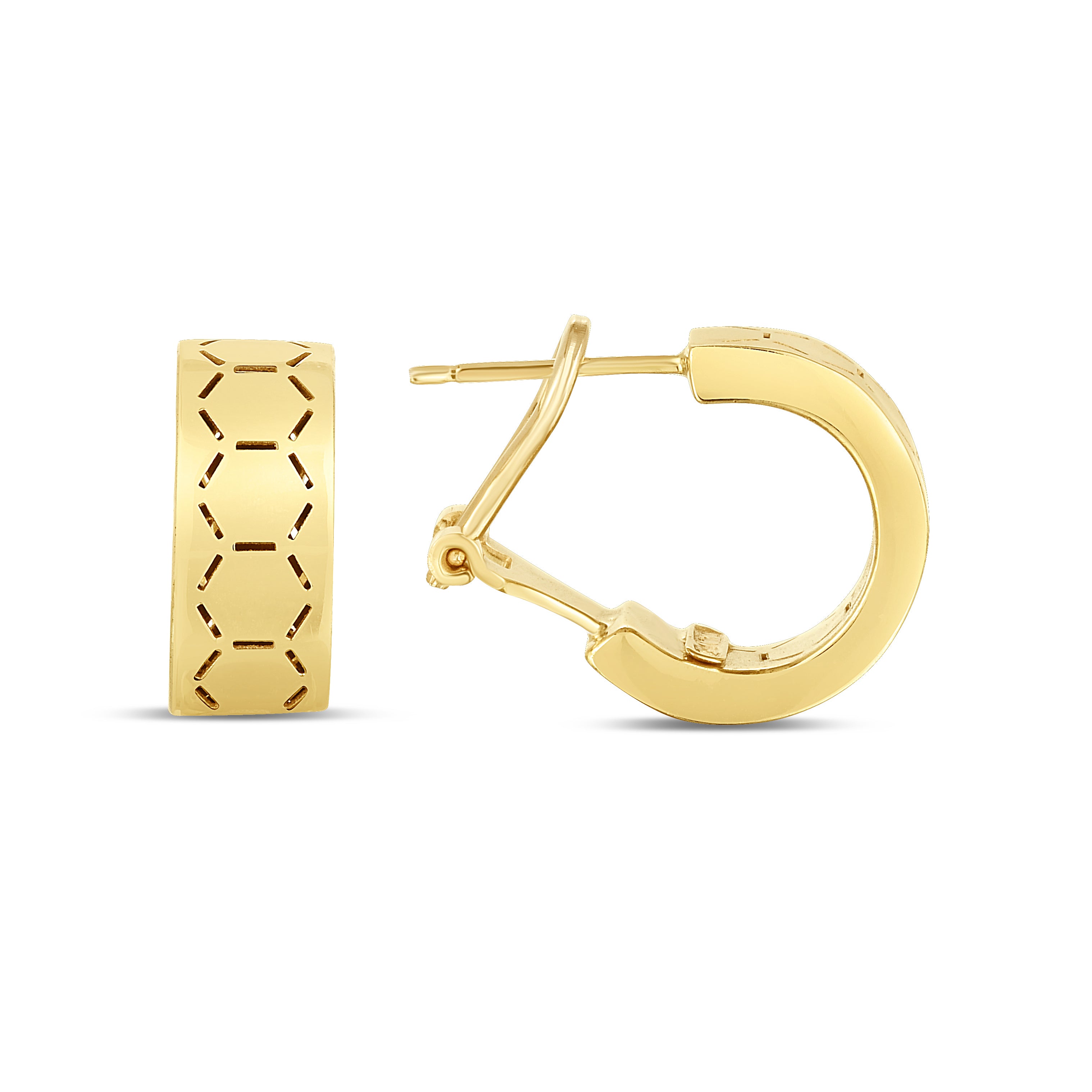 14K Yellow Gold Polished Honeycomb Patterned Hoops with Omega Back