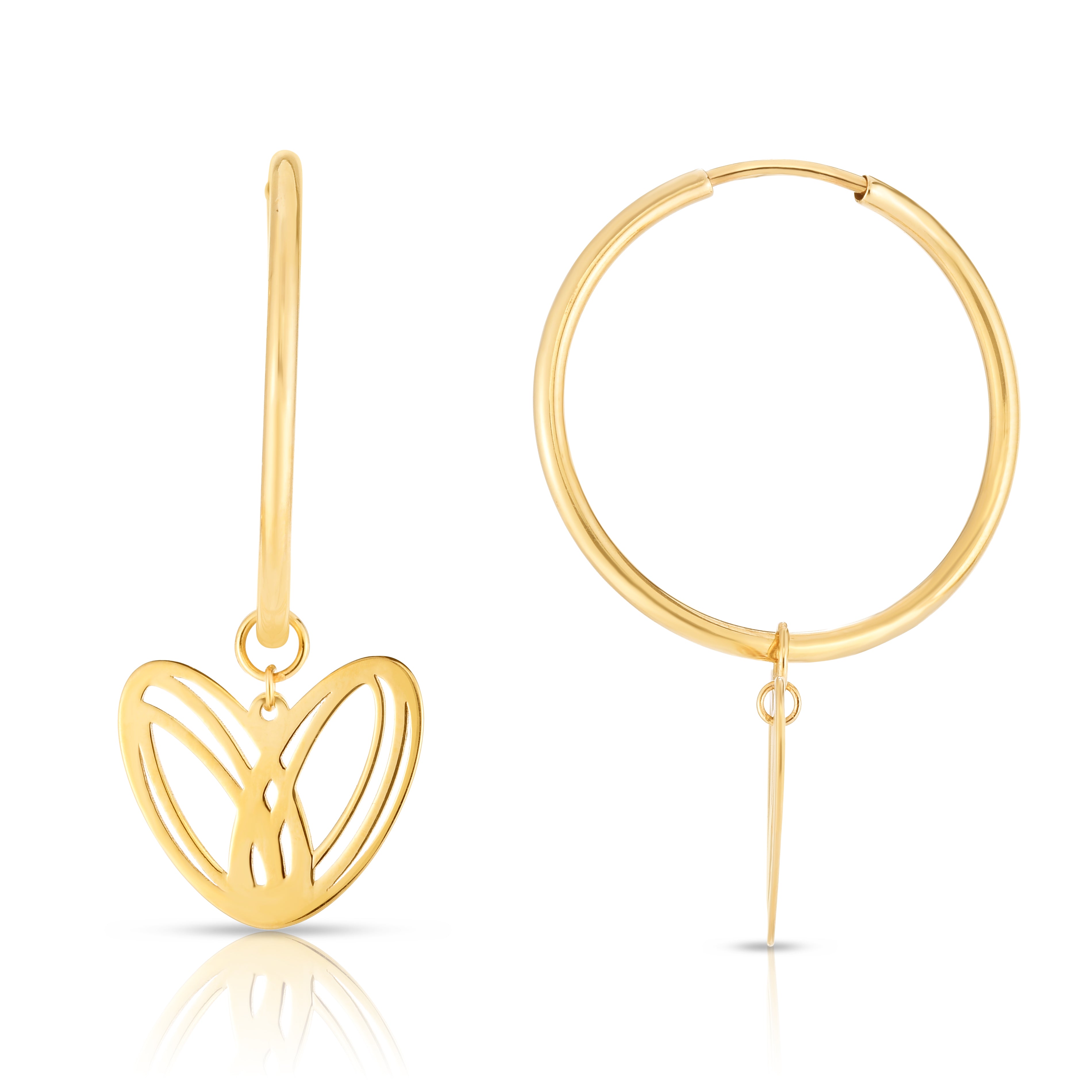 14K Yellow Gold Polished Loopy Heart Charm Drop on Endless Hoop Earrings