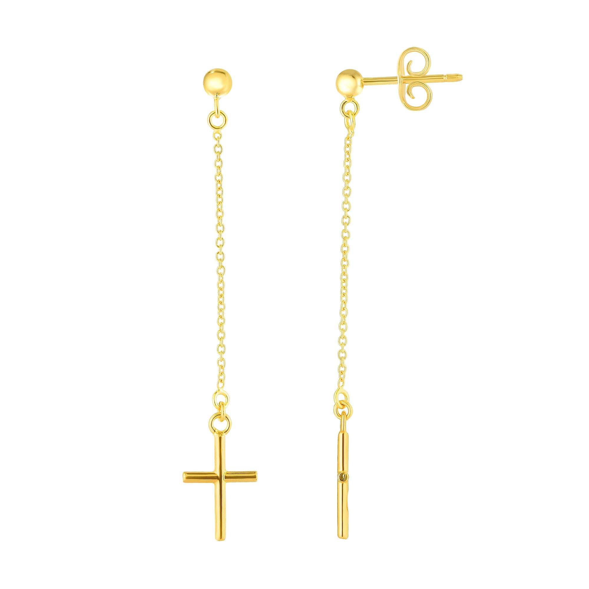 14K Yellow Gold Cross Linear Drop Earring