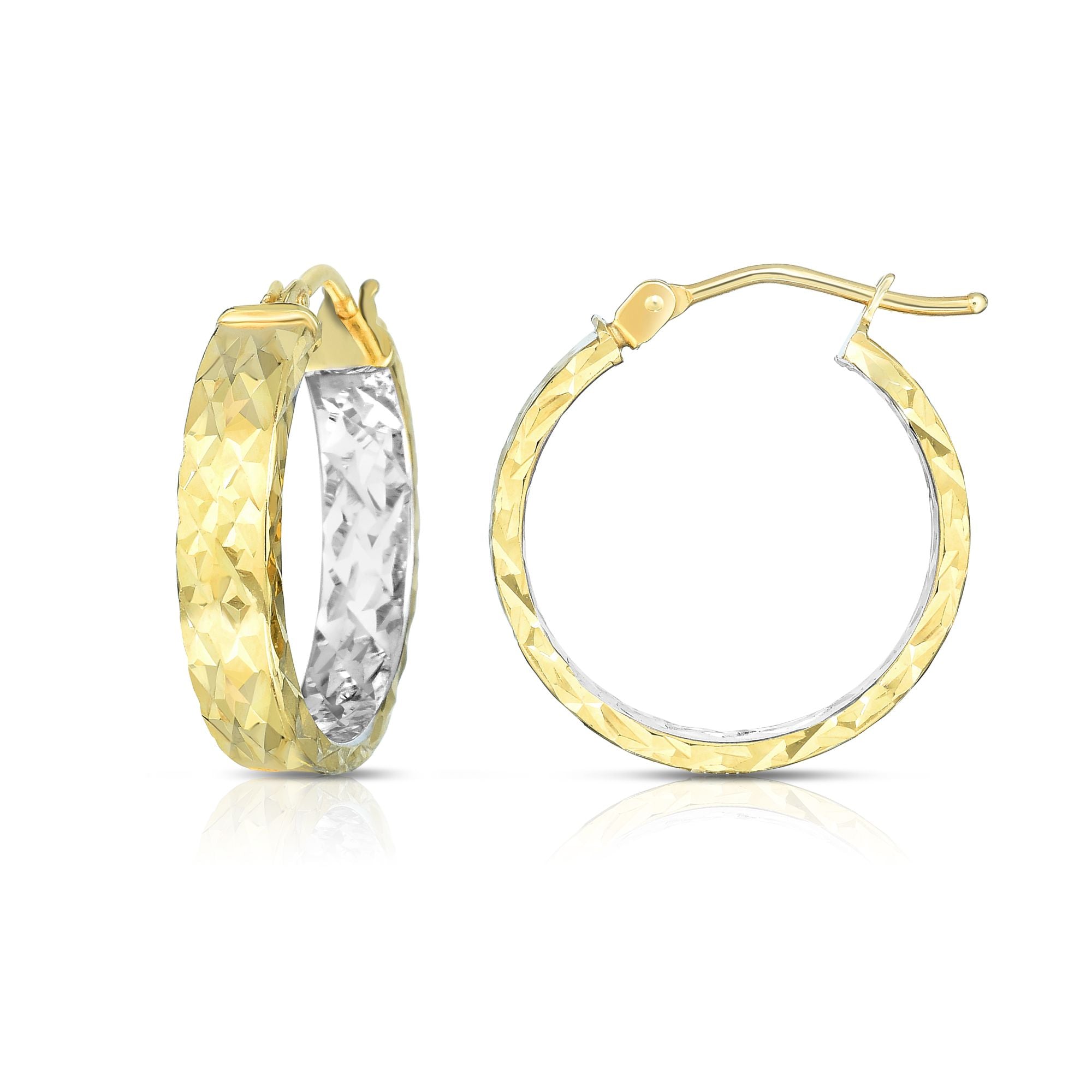 14K Yellow and White Gold Diamond Cut Hoop Earring