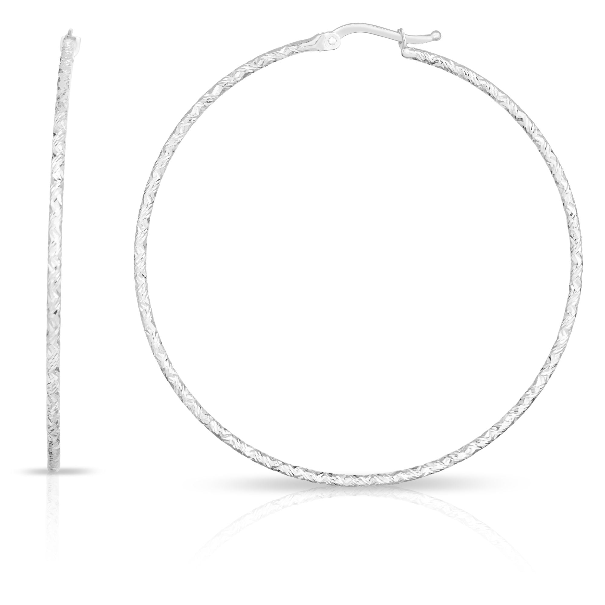 14K White Gold 1.5x50mm Round Diamond Cut Hoop Earring