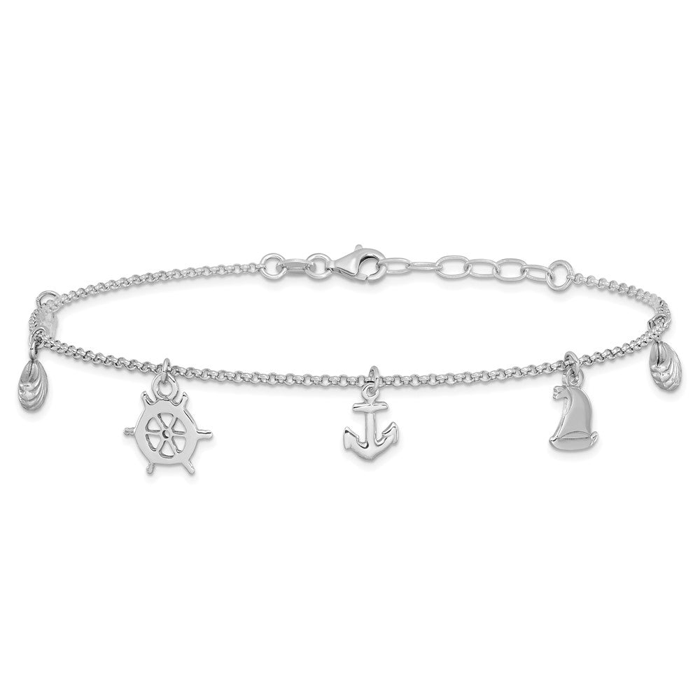 Sterling Silver Rhodium-plated Sea Life 9in Plus 1in ext. Anklet