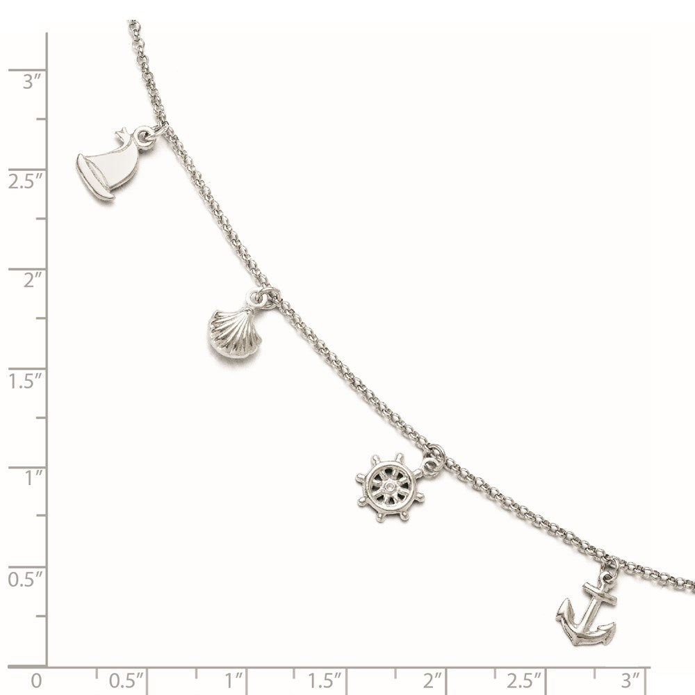 Sterling Silver Rhodium-plated Sea Life 9in Plus 1in ext. Anklet