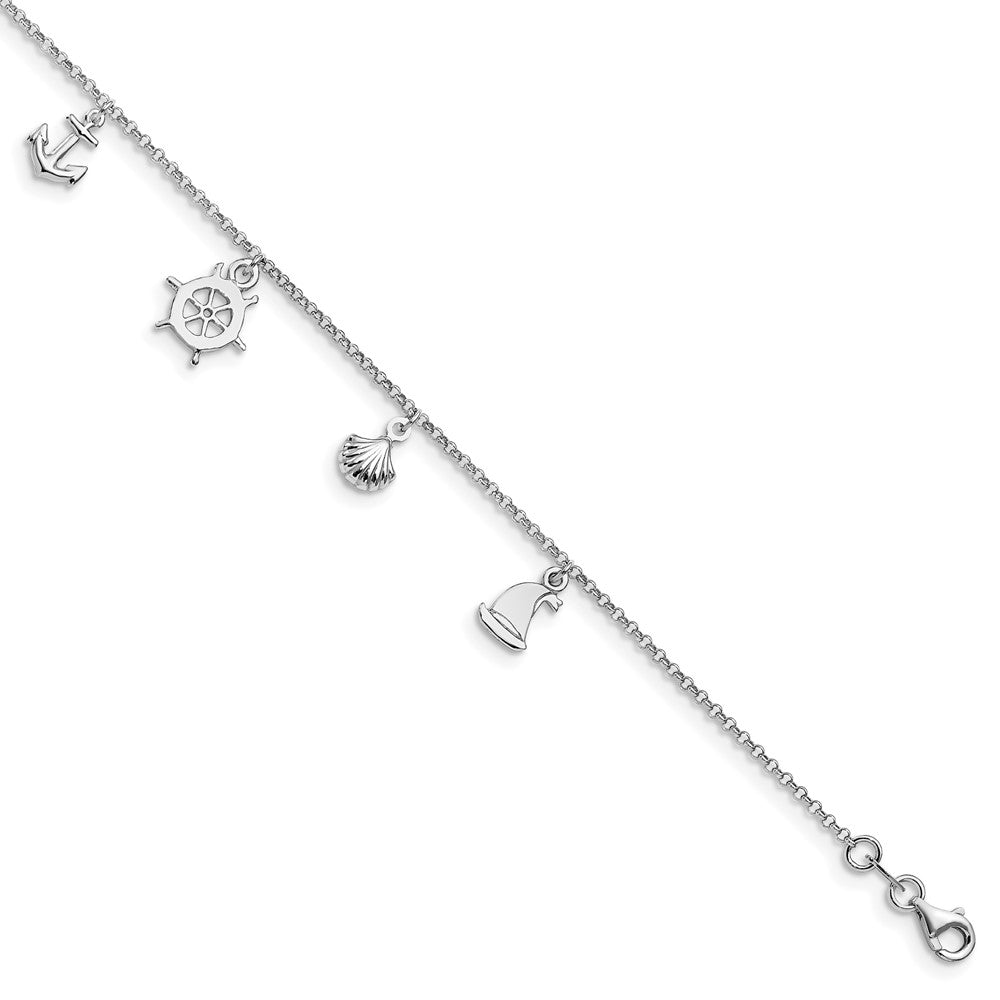 Sterling Silver Rhodium-plated Sea Life 9in Plus 1in ext. Anklet