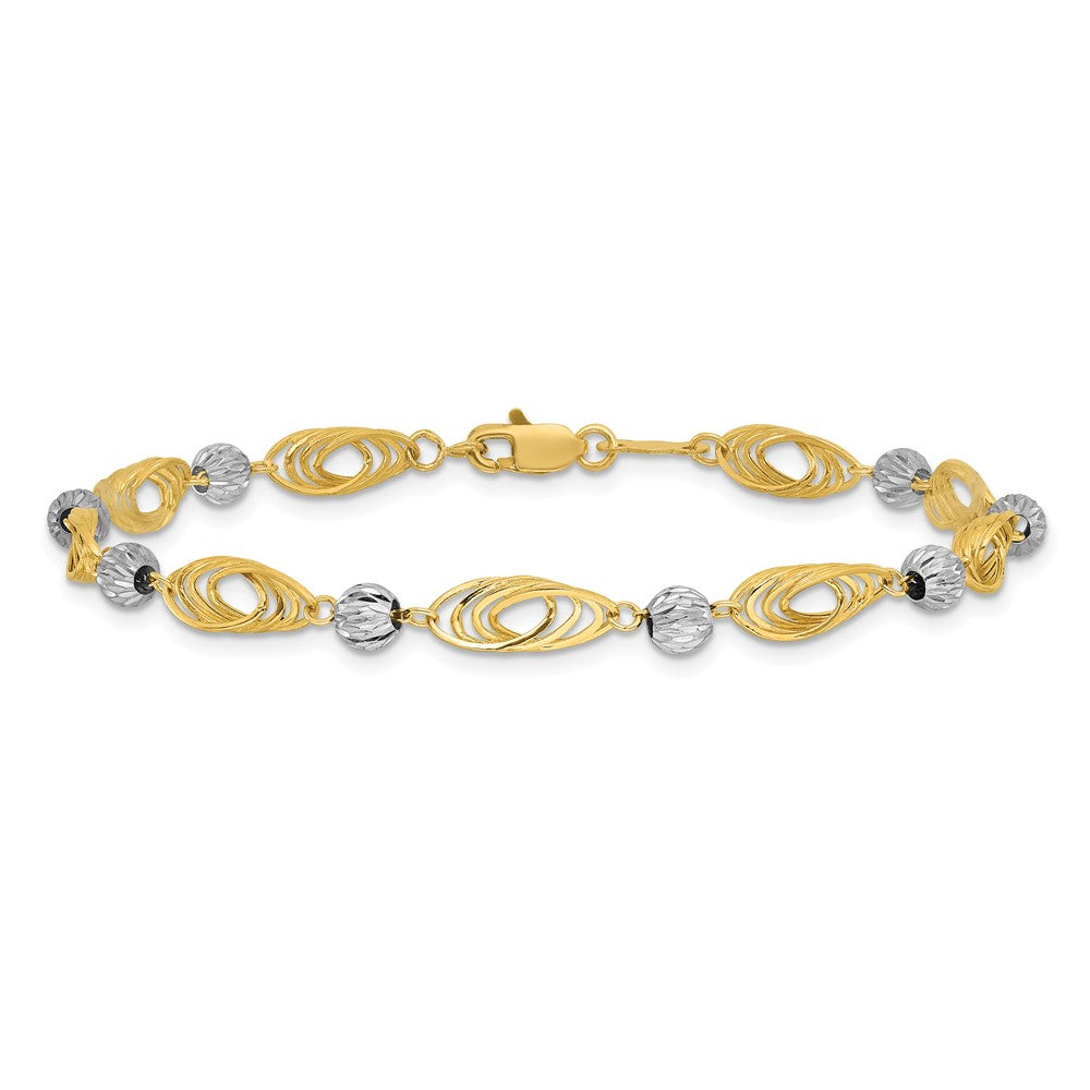 14K Gold Two-tone Oval Links with Diamond Cut Beads Bracelet