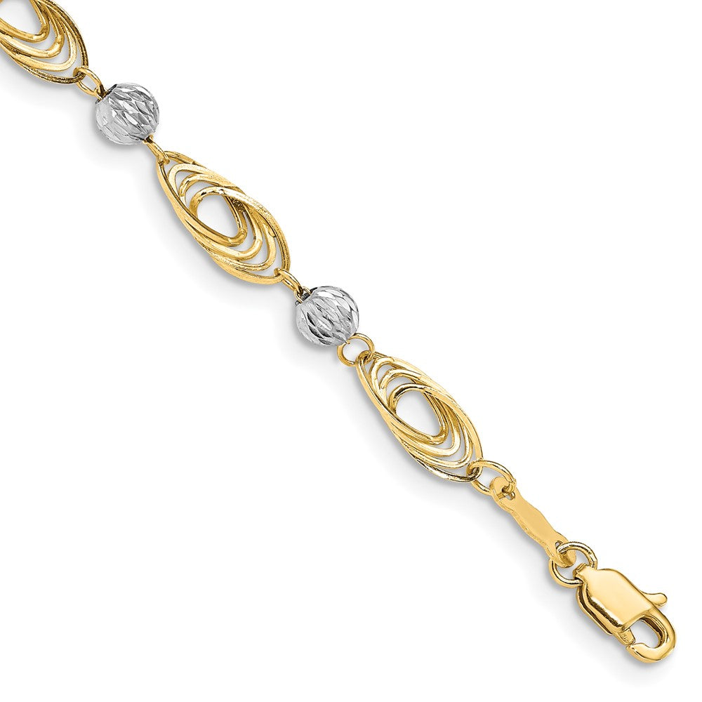 14K Gold Two-tone Oval Links with Diamond Cut Beads Bracelet