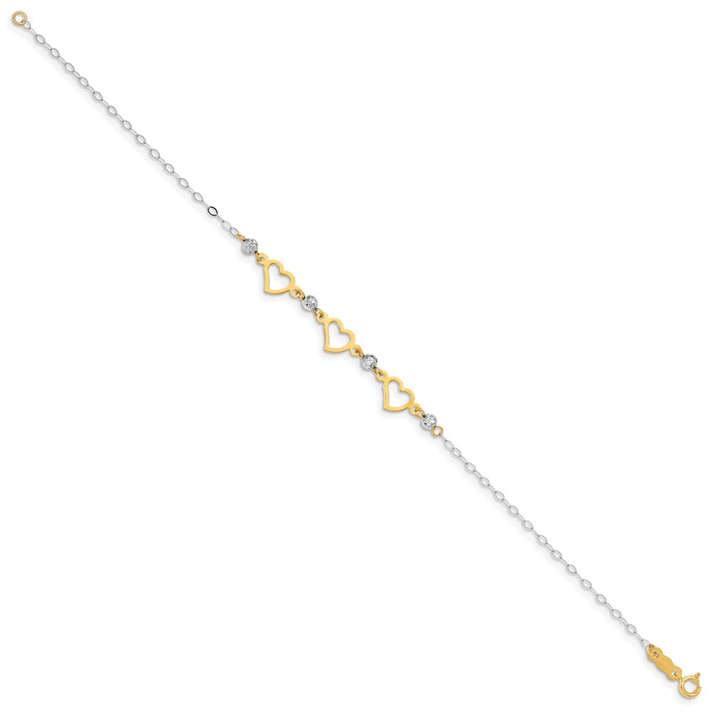 14K Two-tone Oval Link Diamond Cut Beads and Heart Bracelet