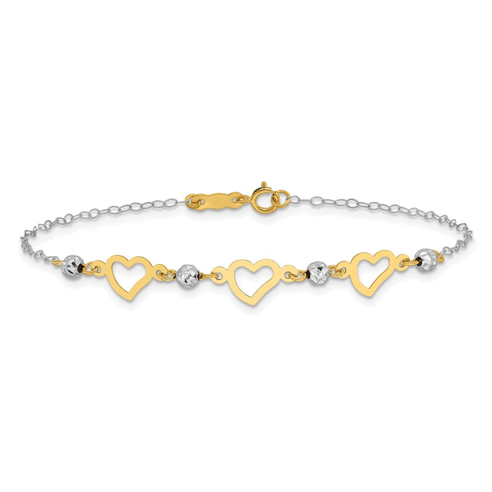 14K Two-tone Oval Link Diamond Cut Beads and Heart Bracelet