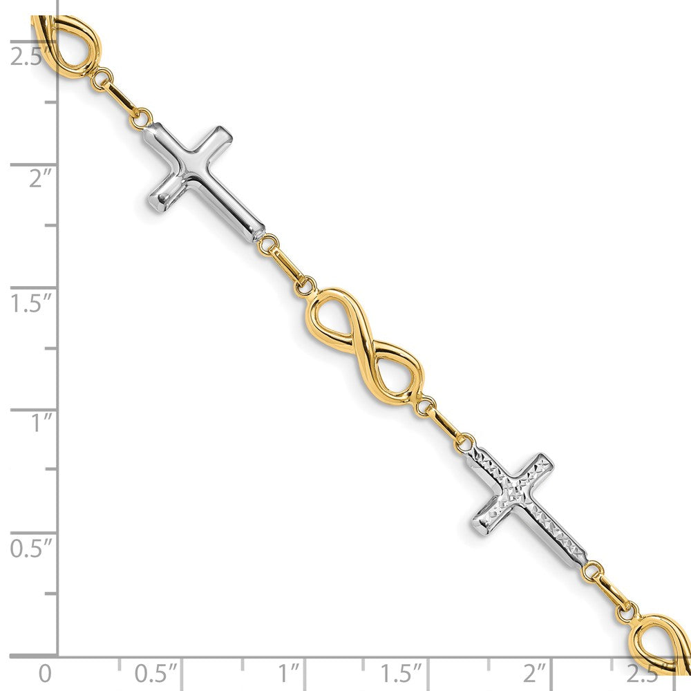 14K w/ Rhodium Polished Cross Infinity Symbol Link Bracelet