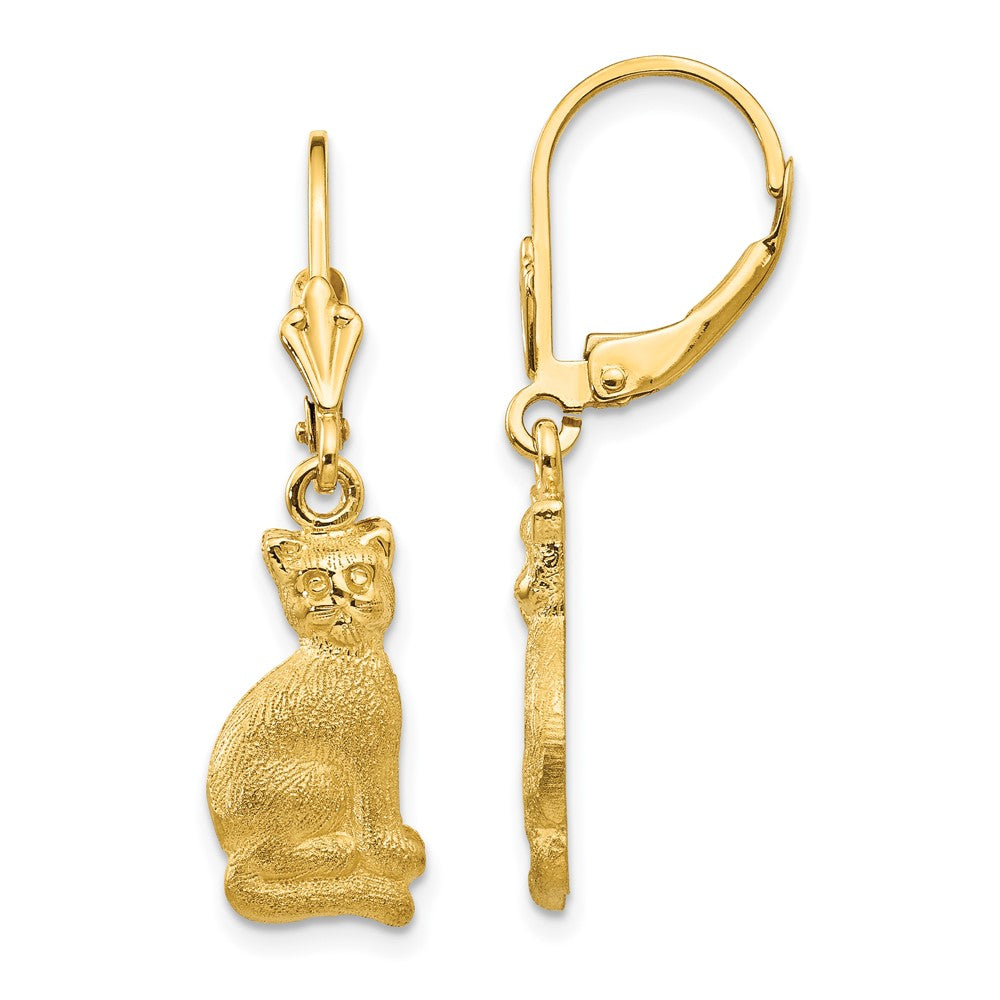 14k Satin Cat Dangle Leverback Earrings