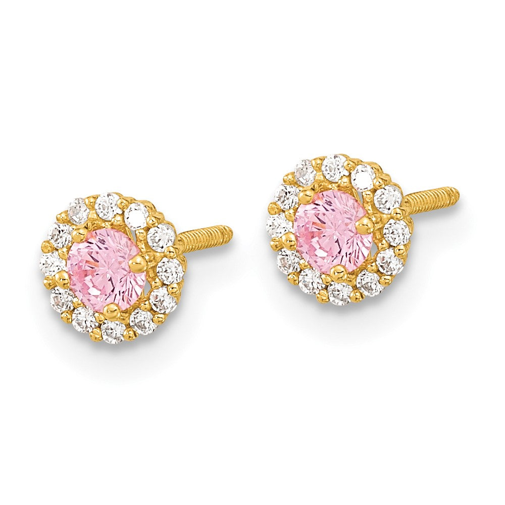 14k Madi K Polished Pink and Clear CZ Screwback Post Earrings