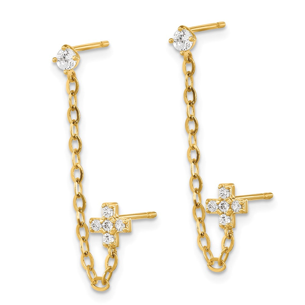 14k Madi K Double Post w/Chain CZ Cross Earring (single)