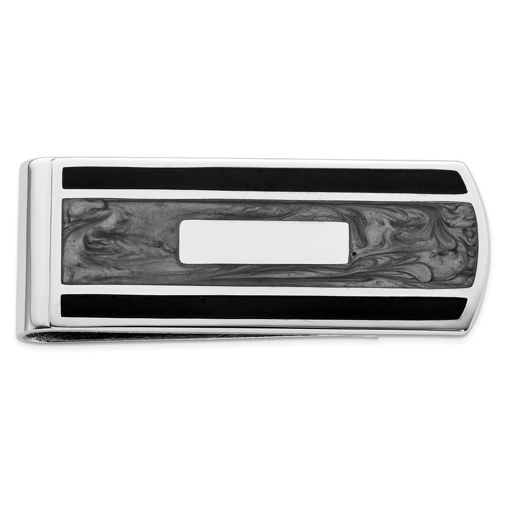 Rhodium-plated Kelly Waters Black and Grey Epoxy Money Clip with Engravable Area