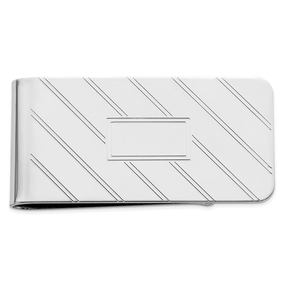 Rhodium-plated Kelly Waters Etched Diagonal Lines with Engravable Area Money Clip