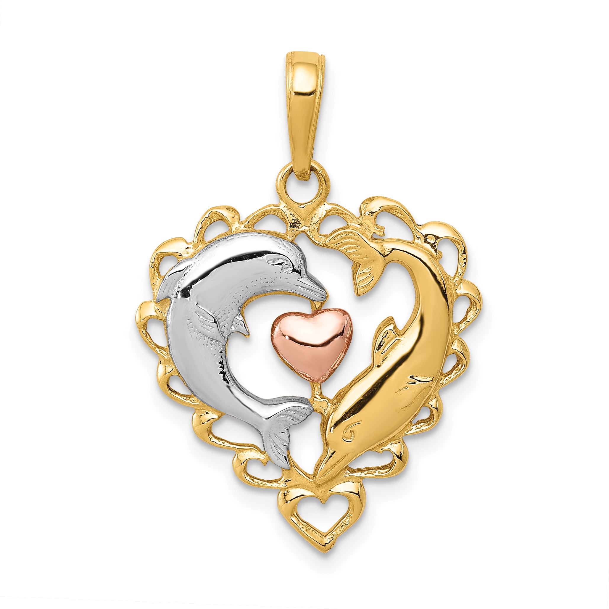 14K Two-tone & Rhodium Dolphins in Heart Pendant K4188