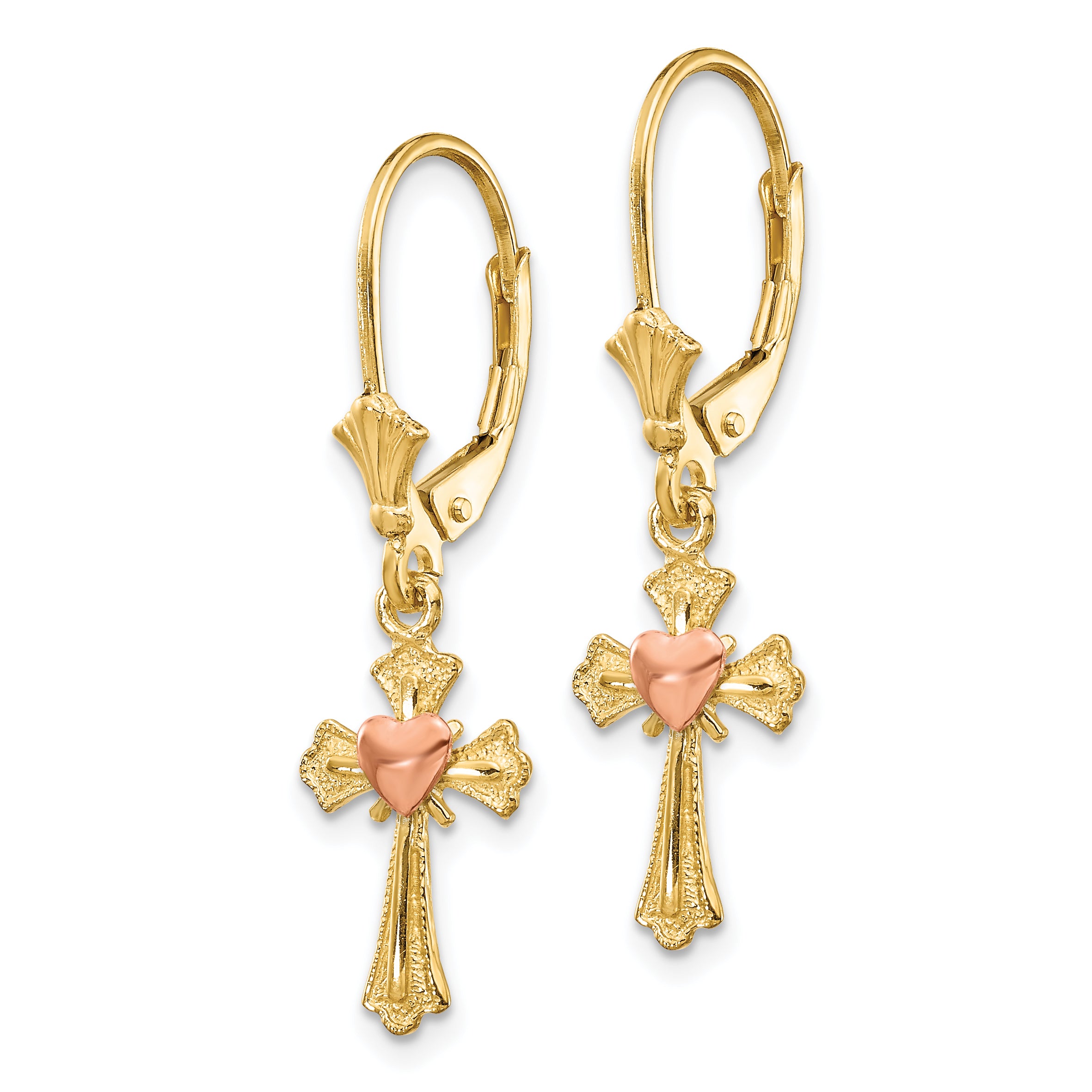 14K Two-tone Heart on Cross Leverback Earrings K4528