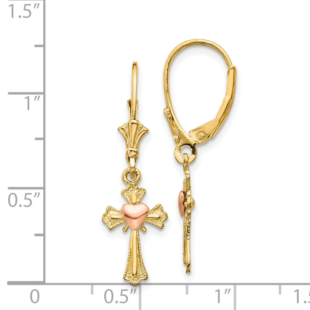 14K Two-tone Heart on Cross Leverback Earrings K4528