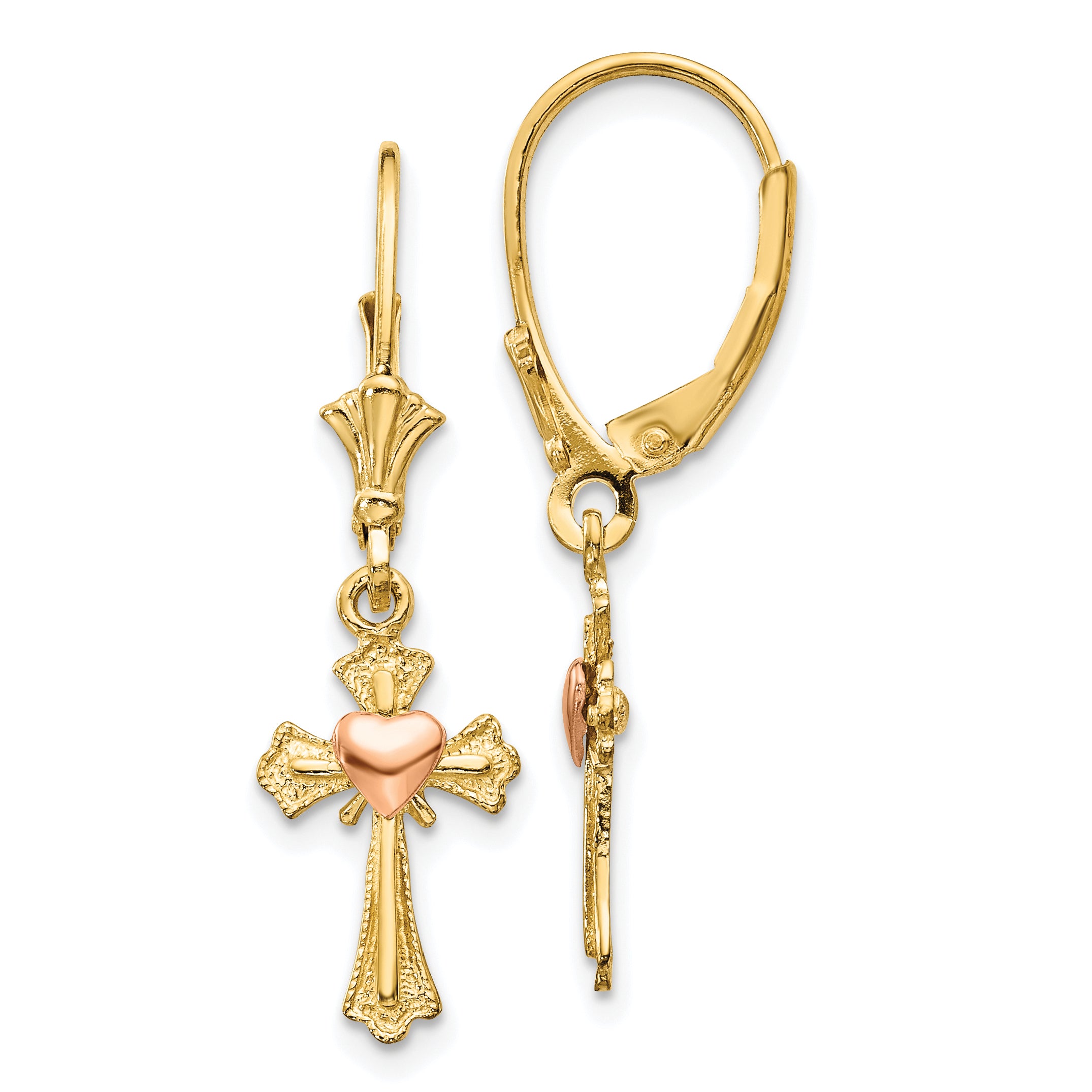 14K Two-tone Heart on Cross Leverback Earrings K4528