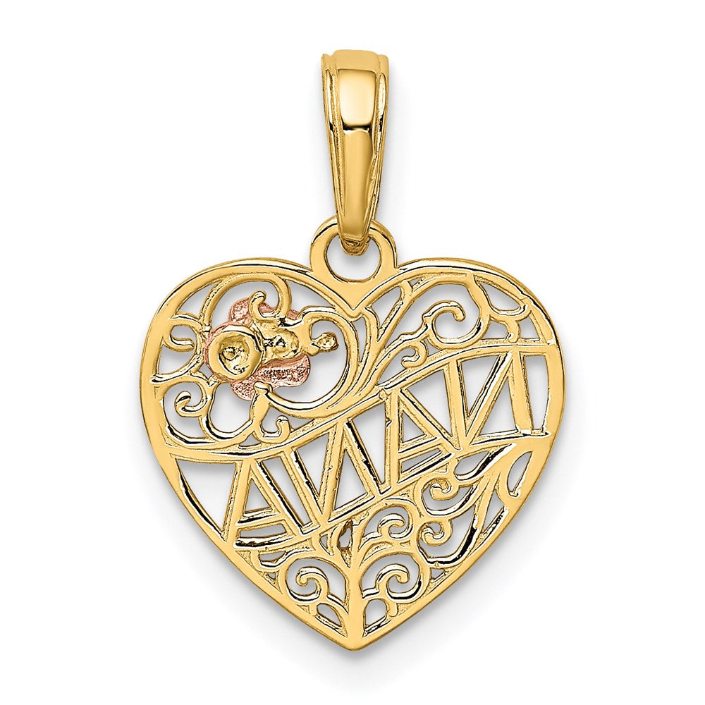 14K Two-tone Polished NANA w/Flower on Heart Pendant