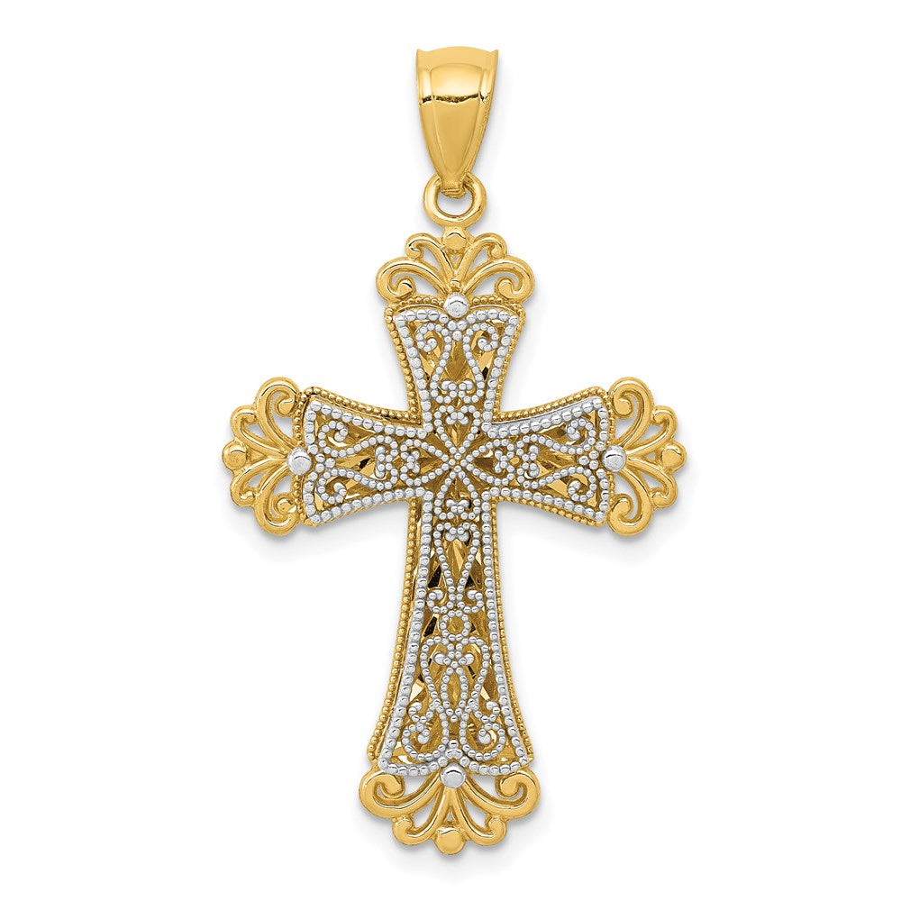 14K Two-tone Polished 2 Level Budded Cross Pendant