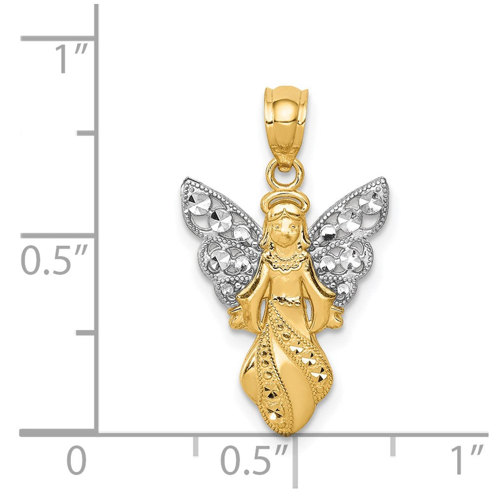 14K W/Rhodium Polished / Textured Angel Pendant