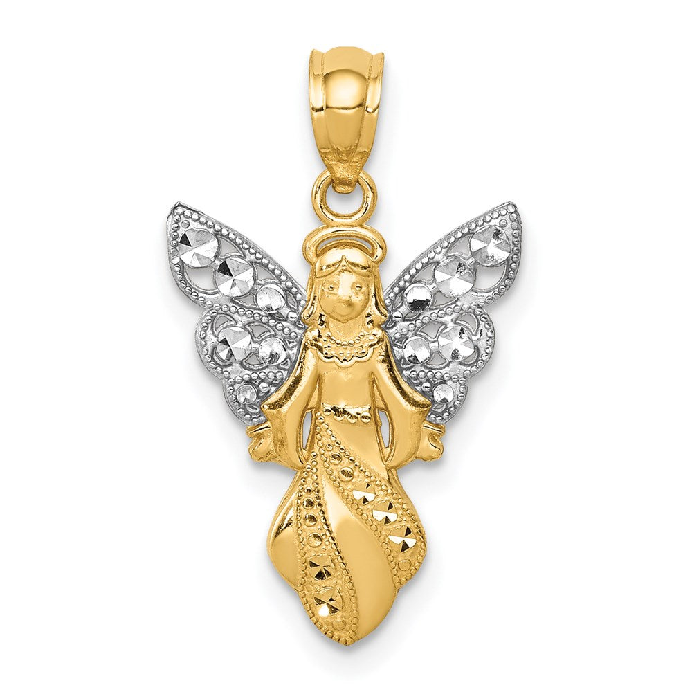 14K W/Rhodium Polished / Textured Angel Pendant